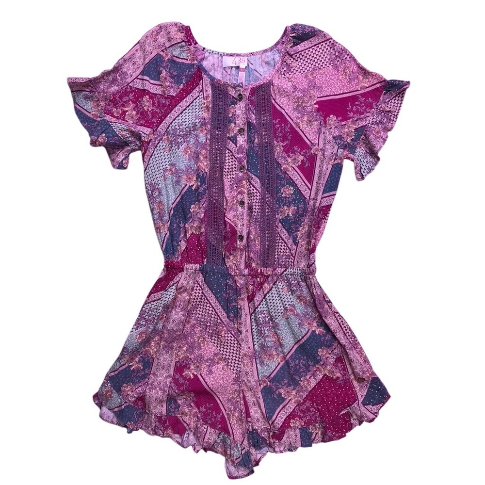 Matilda Jane 435 Romper Kids Size 10 Purple Floral Boho Ruffle Short Sleeve